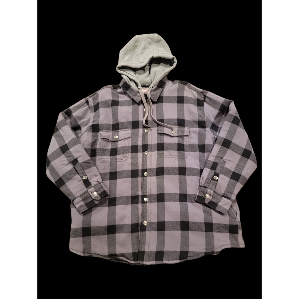 Craftsman Hooded Flannel Shirt Jacket XXL Gray Black Buffalo Plaid Lined Shacket